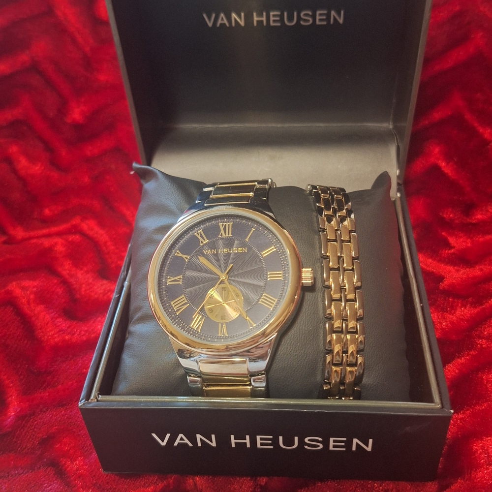 Van Heusen Men's Gold and Silver Toned Watch Set, Navy Face